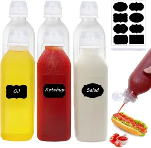 WAYDA Condiment Squeeze Bottles,6 Pack Squeeze Bottles for Sauces, Ketchup Salad Dressing Container, 17oz Plastic Bottles with Squeeze Top for Liquids, BBQ Sauce, Oil