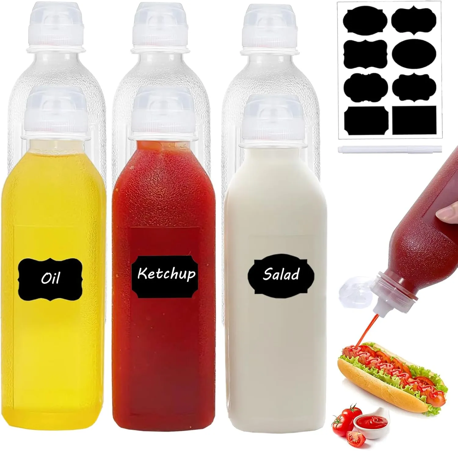 WAYDA Condiment Squeeze Bottles,6 Pack Squeeze Bottles for Sauces, Ketchup Salad Dressing Container, 17oz Plastic Bottles with Squeeze Top for Liquids, BBQ Sauce, Oil