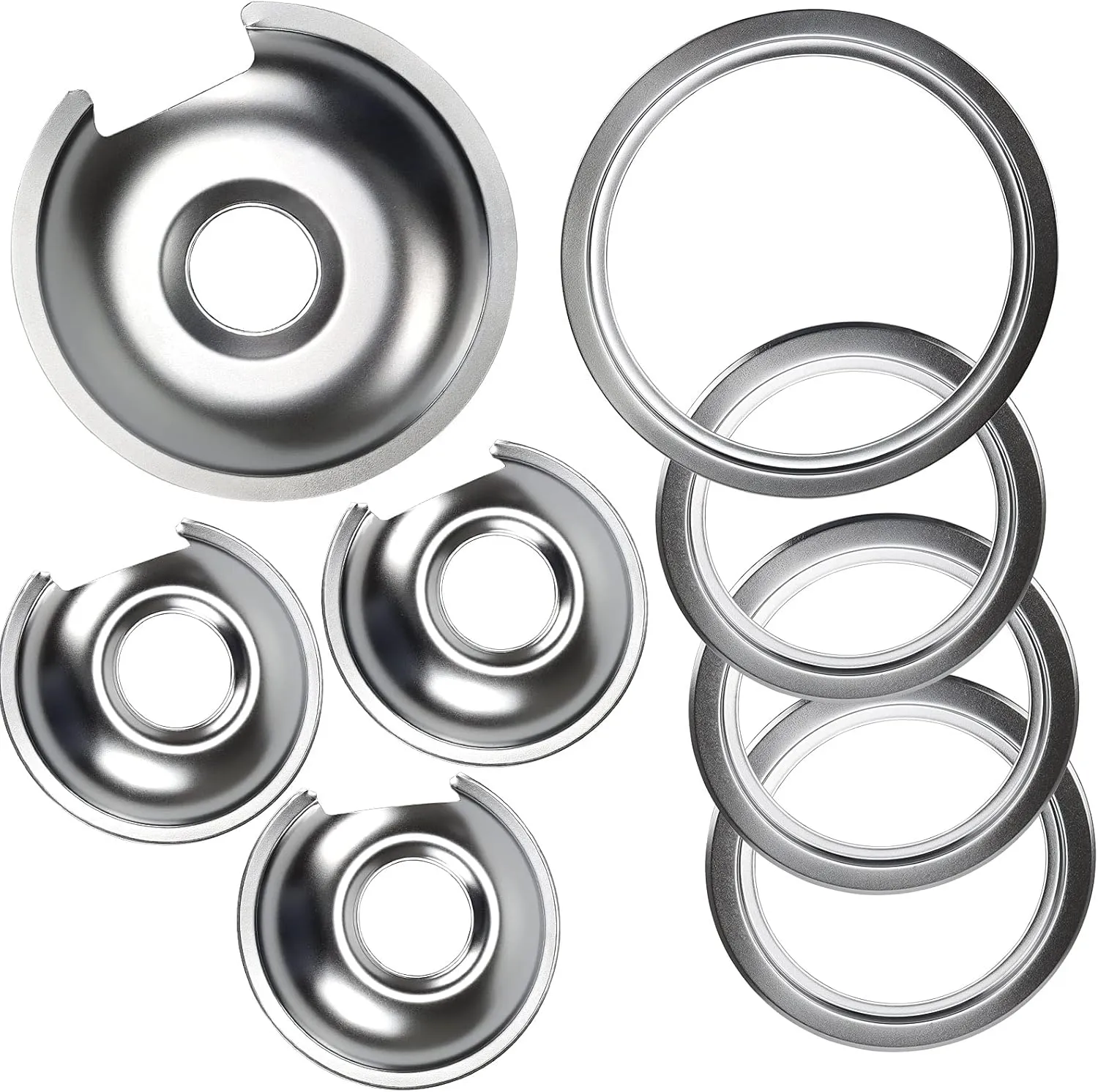 WB32X10013 WB32X10012 Chrome Burner stove Drip Pan Set 4-Pack Fits for GE Hotpoint Electric Range by APPLIANCEMATES Replacement Parts (3) 6" Pan/Ring & (1) 8" Pan/Ring