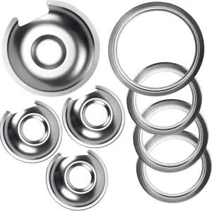 WB32X10013 WB32X10012 Chrome Burner stove Drip Pan Set 4-Pack Fits for GE Hotpoint Electric Range by APPLIANCEMATES Replacement Parts (3) 6" Pan/Ring & (1) 8" Pan/Ring