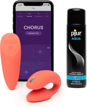 We-Vibe Chorus Remote Control Couples Vibrator Coral Personal Massager & Pjur Aqua Water Based Personal Lubricant 3.4 fl oz - Couples Sex Toys Bundle