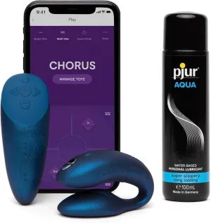 We-Vibe Chorus Remote Control Couples Vibrator Cosmic Blue Personal Massager & Pjur Aqua Water Based Personal Lubricant 3.4 fl oz - Couples Sex Toys Bundle