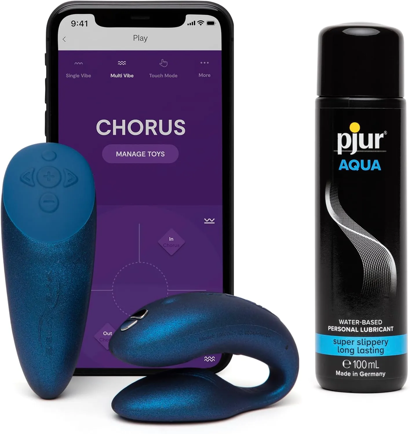 We-Vibe Chorus Remote Control Couples Vibrator Cosmic Blue Personal Massager & Pjur Aqua Water Based Personal Lubricant 3.4 fl oz - Couples Sex Toys Bundle