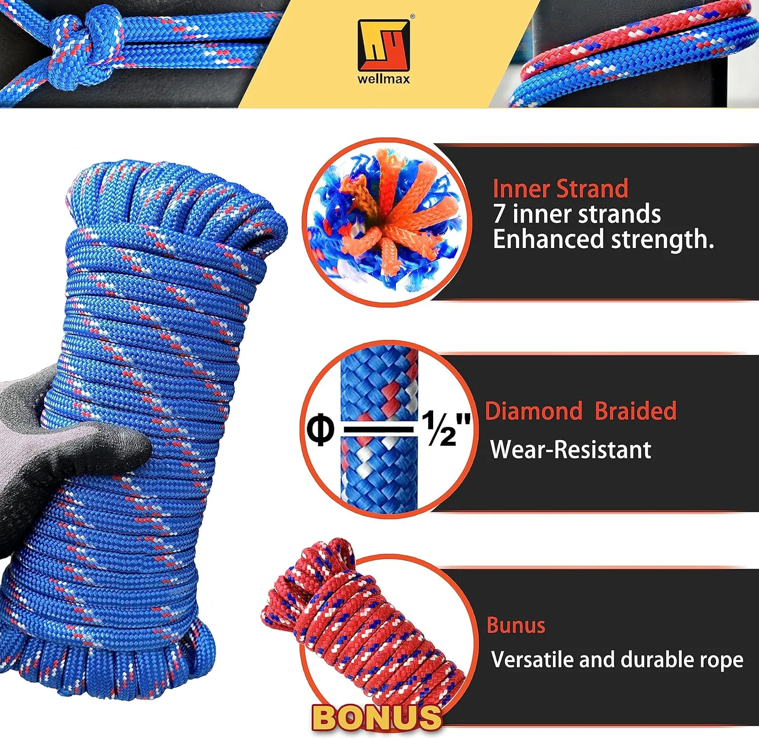 Wellmax Diamond Braid Nylon Rope, 1/2in X 50FT with Bonus 1/4in x 25FT Cord UV Resistant, High Strength and Weather Resistant