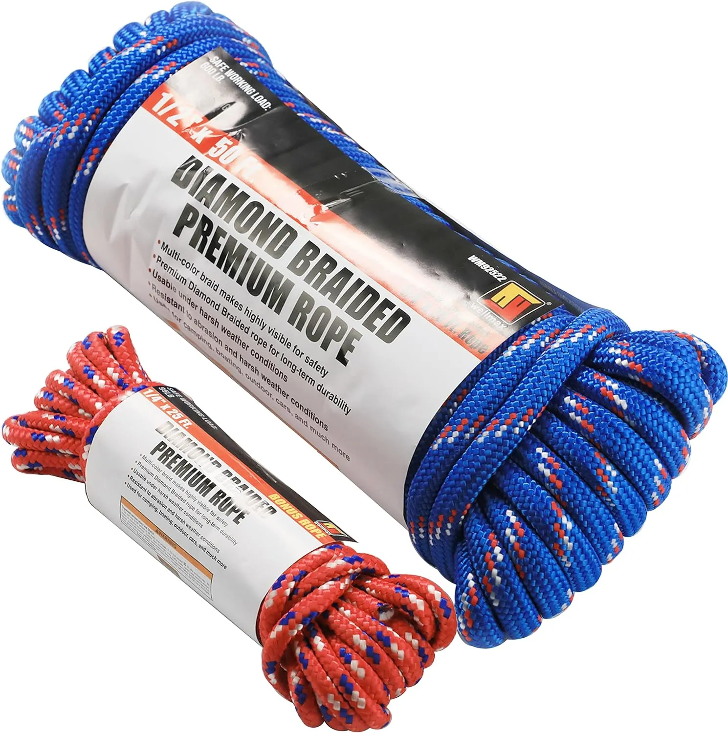 Wellmax Diamond Braid Nylon Rope, 1/2in X 50FT with Bonus 1/4in x 25FT Cord UV Resistant, High Strength and Weather Resistant