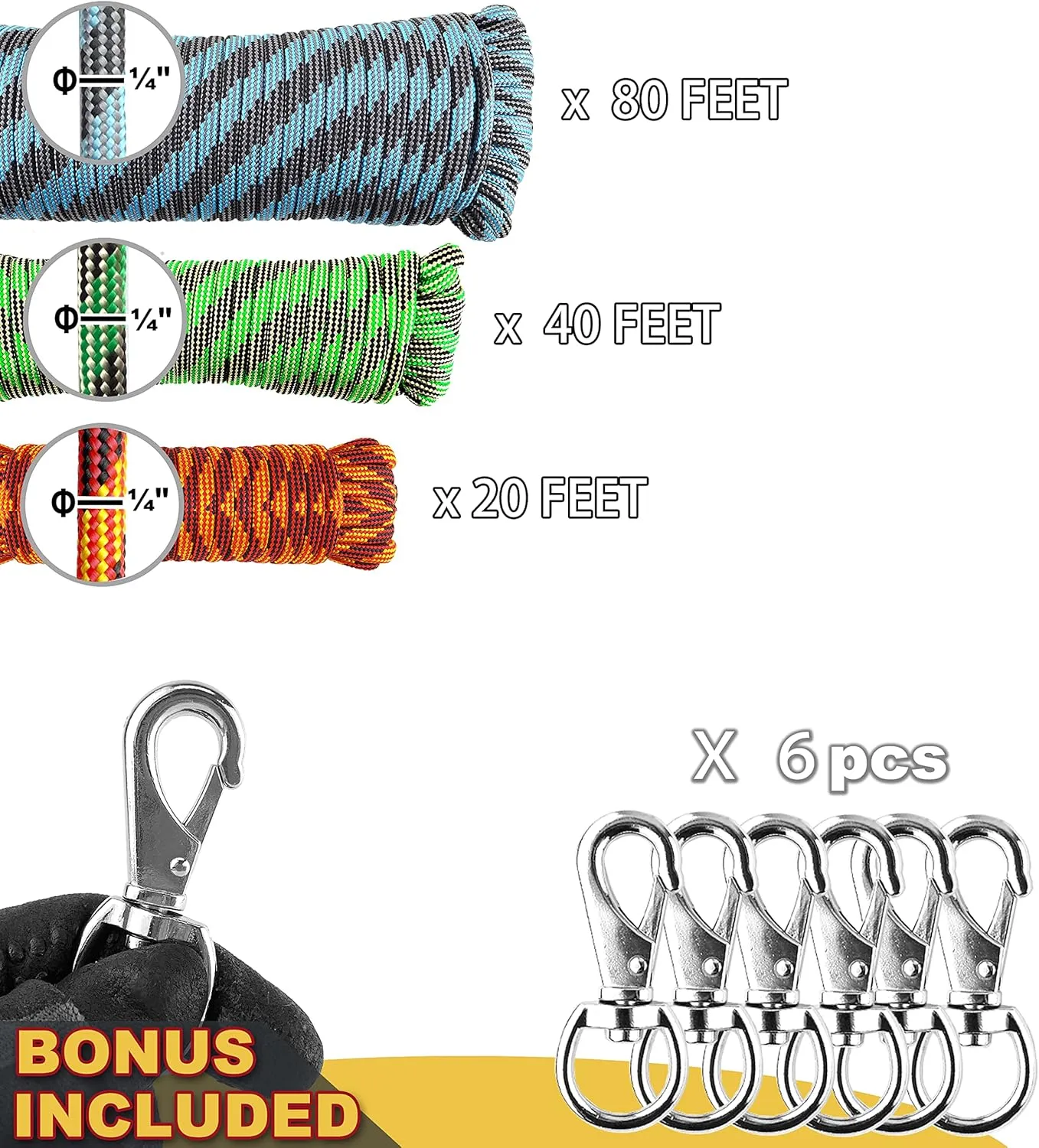 Wellmax Diamond Braided Nylon Rope with Uv Treatment and Weather Resistant, 3 Pack 1/4" x 20/40/80ft Multi-Color and 6 Bonus Quick Links
