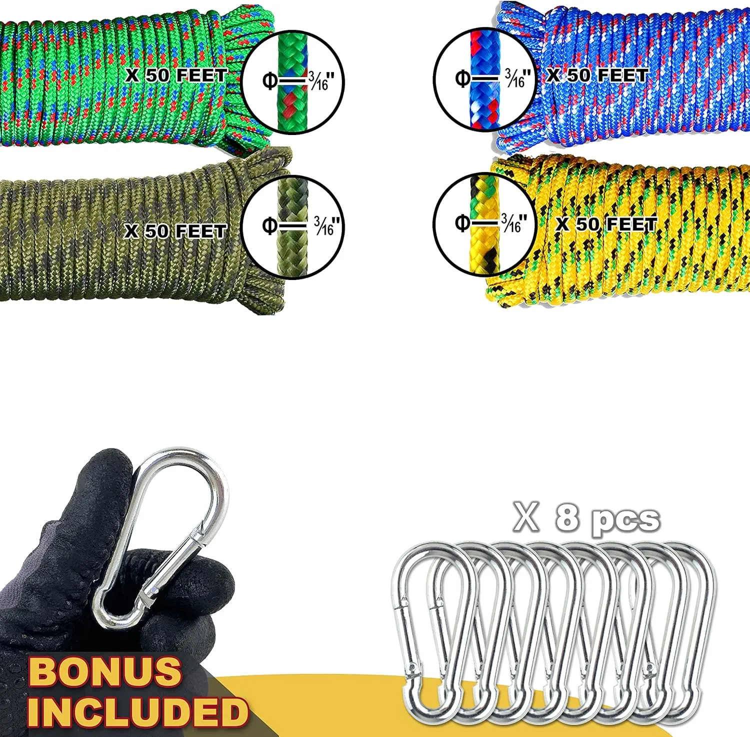 Wellmax Diamond Braided Polypropylene Rope with UV Treatment and Weather Resistant, 4 Pack 3/16 inch x 50ft Multi-Color and 8 Bonus Spring Links