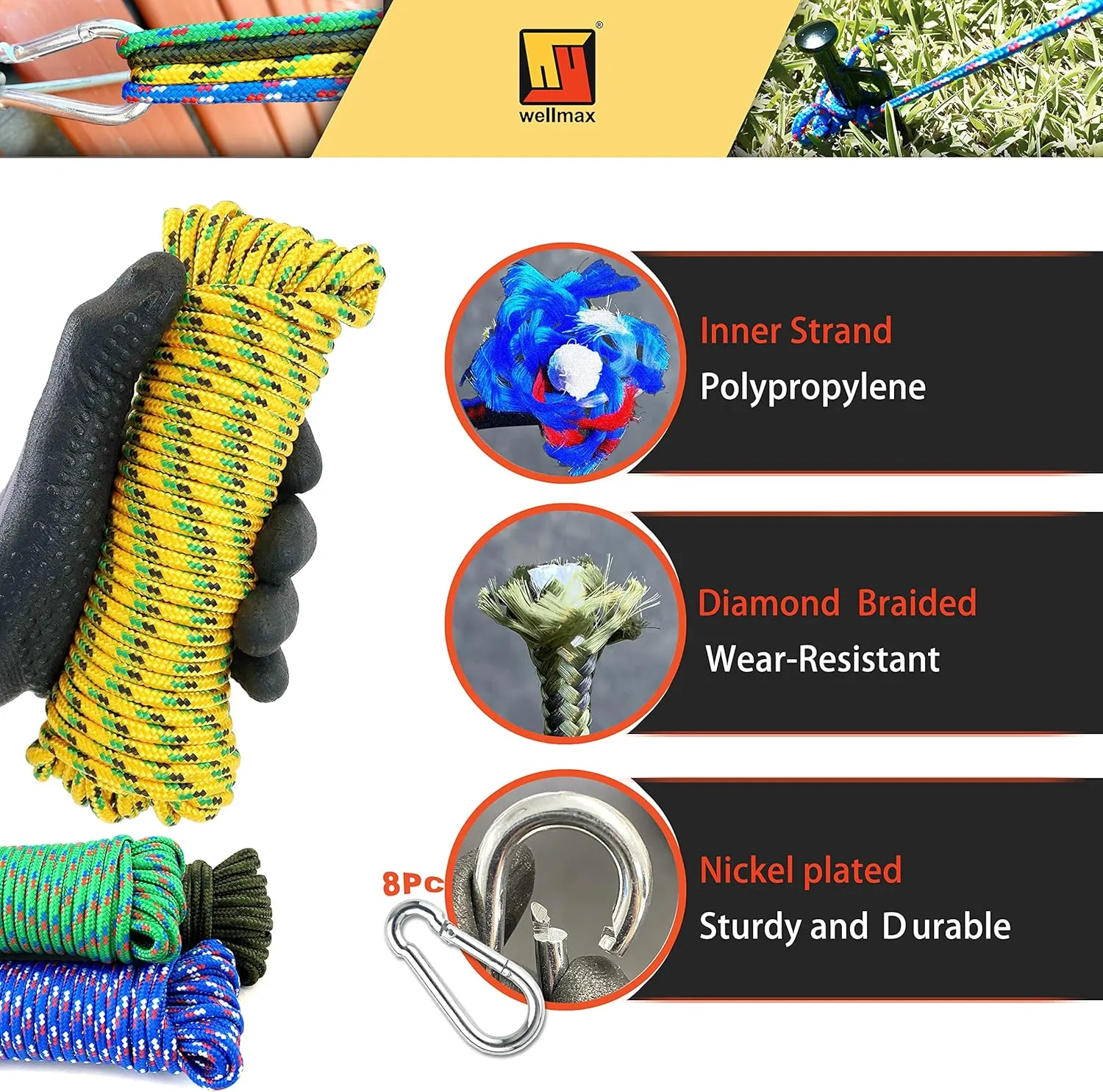 Wellmax Diamond Braided Polypropylene Rope with UV Treatment and Weather Resistant, 4 Pack 3/16 inch x 50ft Multi-Color and 8 Bonus Spring Links