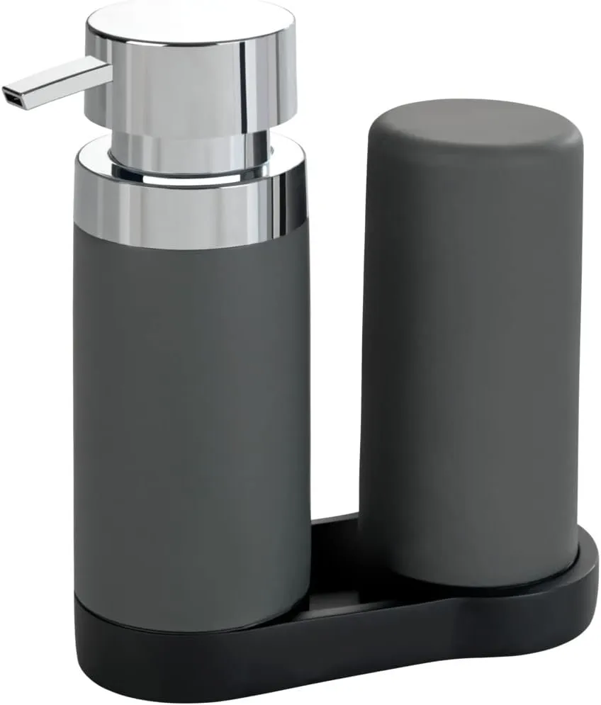 WENKO Dish Soap Dispenser for Kitchen Sink, Squeeze Bottle for Washing Up Liquid and Hand Lotion, Round Refillable Plastic Bottles, Easy to Fill and to Use, Each 8.5 Oz, Gray
