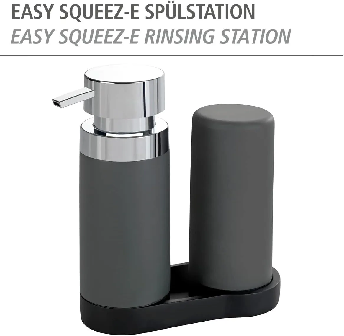 WENKO Dish Soap Dispenser for Kitchen Sink, Squeeze Bottle for Washing Up Liquid and Hand Lotion, Round Refillable Plastic Bottles, Easy to Fill and to Use, Each 8.5 Oz, Gray