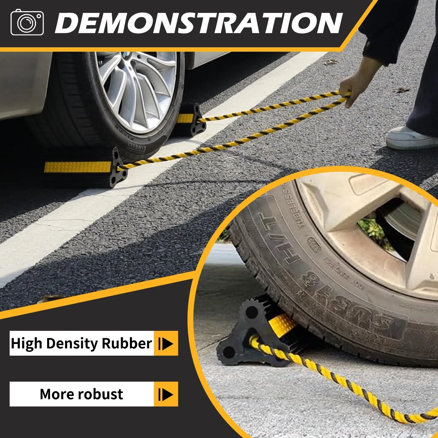 Wheel Chocks [1pair/2pack with Rope] for RV Trailer Camper Truck Car and Aircraft, Versatile Heavy Duty Rubber Wheel Chocks Block with 3 Reflective Strips, Tire Wheel Immobilizers & Chocks