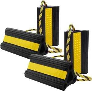 Wheel Chocks for RV Trailer Camper Trucks and Aircraft, Versatile Heavy Duty Rubber Wheel Chocks Block with 3 Reflective Strips, Tire Wheel Immobilizers & Chocks, [2pair/4pack with Rope]RV Accessories