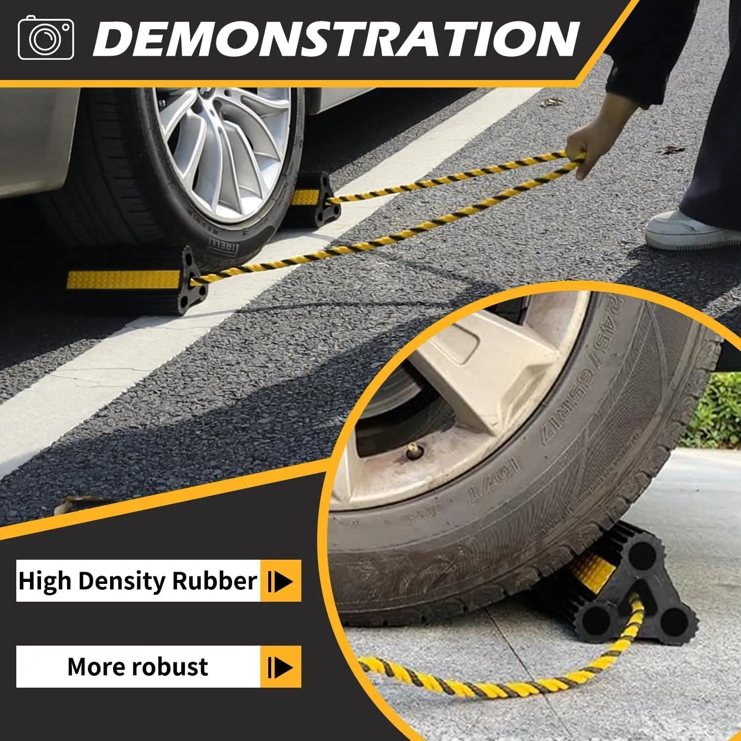 Wheel Chocks for RV Trailer Camper Trucks and Aircraft, Versatile Heavy Duty Rubber Wheel Chocks Block with 3 Reflective Strips, Tire Wheel Immobilizers & Chocks, [2pair/4pack with Rope]RV Accessories