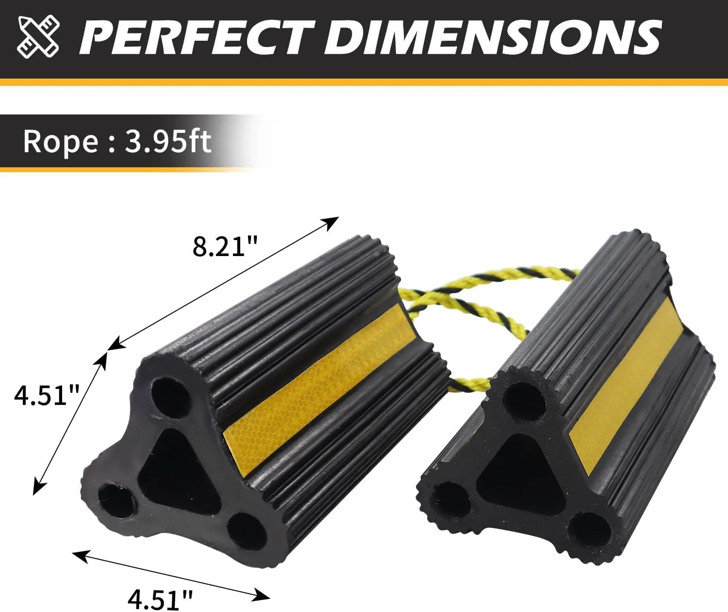 Wheel Chocks for RV Trailer Camper Trucks and Aircraft, Versatile Heavy Duty Rubber Wheel Chocks Block with 3 Reflective Strips, Tire Wheel Immobilizers & Chocks, [2pair/4pack with Rope]RV Accessories