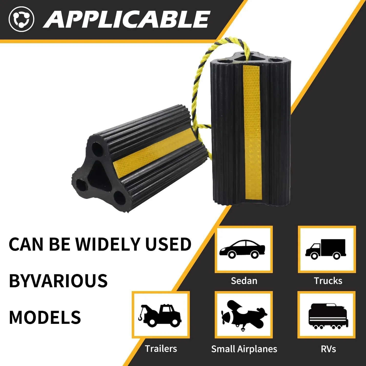 Wheel Chocks for RV Trailer Camper Trucks and Aircraft, Versatile Heavy Duty Rubber Wheel Chocks Block with 3 Reflective Strips, Tire Wheel Immobilizers & Chocks, [2pair/4pack with Rope]RV Accessories