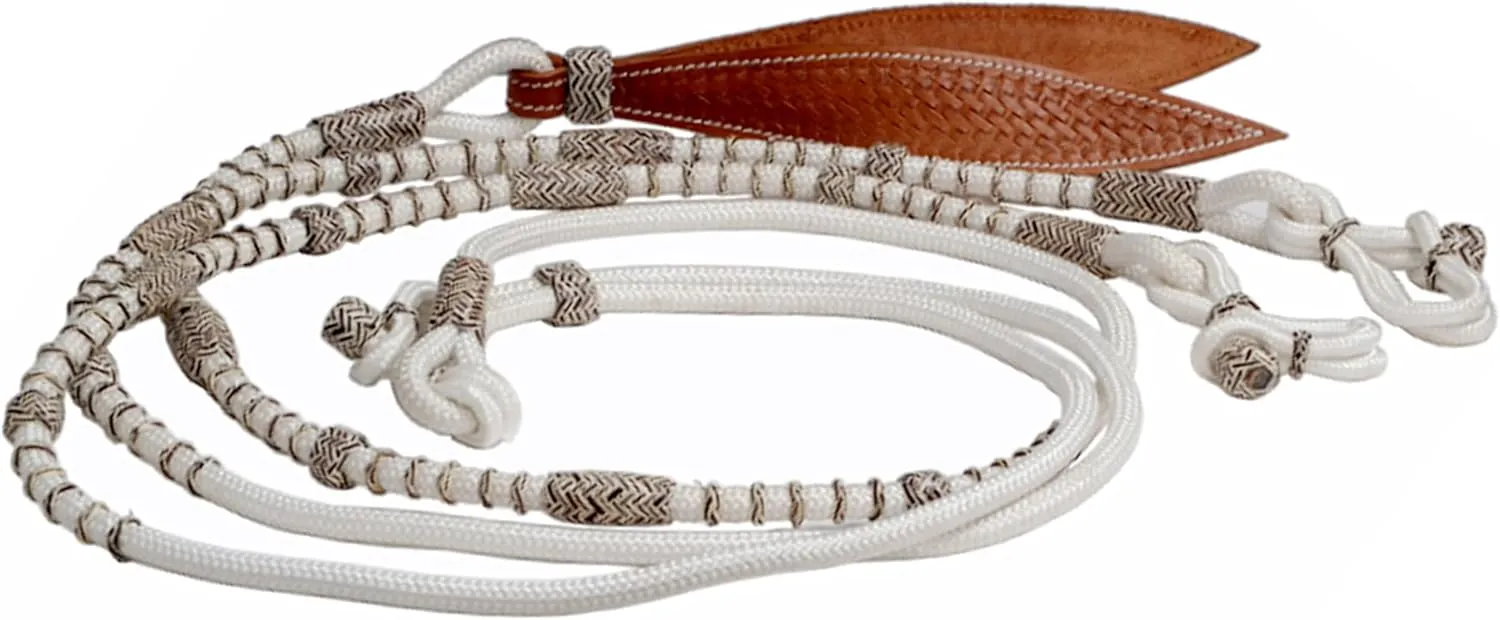 White Nylon Rope with Brown Knots Raw Hide Leather Horse Tack Hand-Braided Romal Romel Reins Ranch Rope/Rope Reins8.5 Ft, 52' Romel