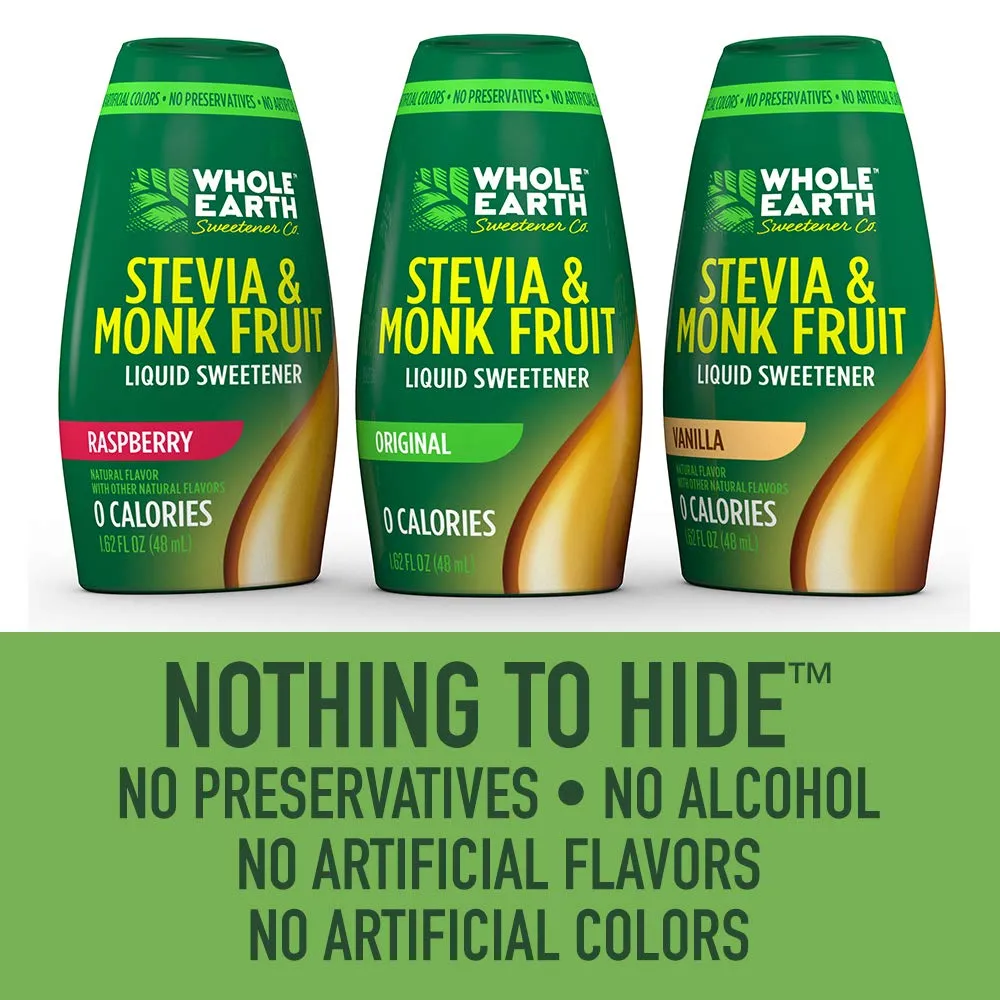 Whole Earth Stevia & Monk Fruit Liquid Sweetener, Original, Erythritol Free, Squeeze Bottle, 1.62 Ounce (Pack of 6)