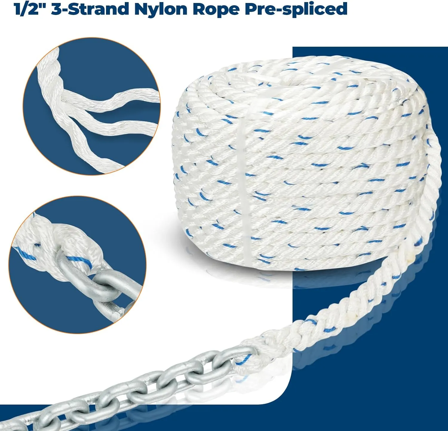 Windlass Anchor Rode Rope/Chain, 1/2" Anchor Line 100ft with 1/4" Hot-Dipped Galvanized G4 Chain 10ft and Swivel Connector Kit, 3-Strand Nylon Rope