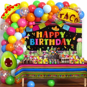 Winrayk Mexican Fiesta Party Decorations Cinco De Mayo Birthday Decor, Fiesta Balloon Arch Kit with Backdrop Tablecloth Taco Sombrero Avocado Foil Balloons, Kids Adult Mexican Theme Party Decorations