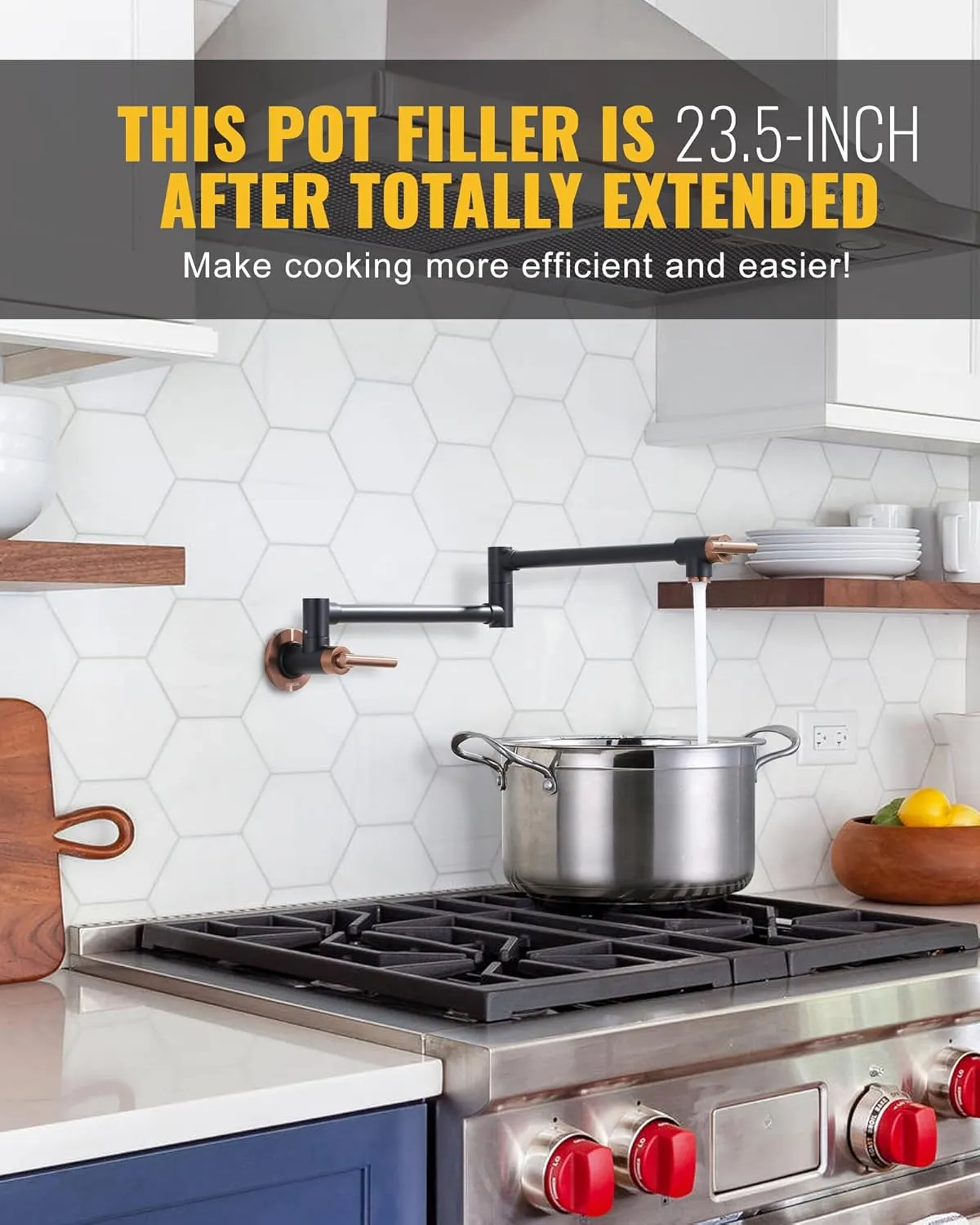 WOWOW Pot Filler Faucet Black and Rose Gold, Brass Pot Filler Wall Mount Kitchen Stove Faucet with Double Joint Swing Arms