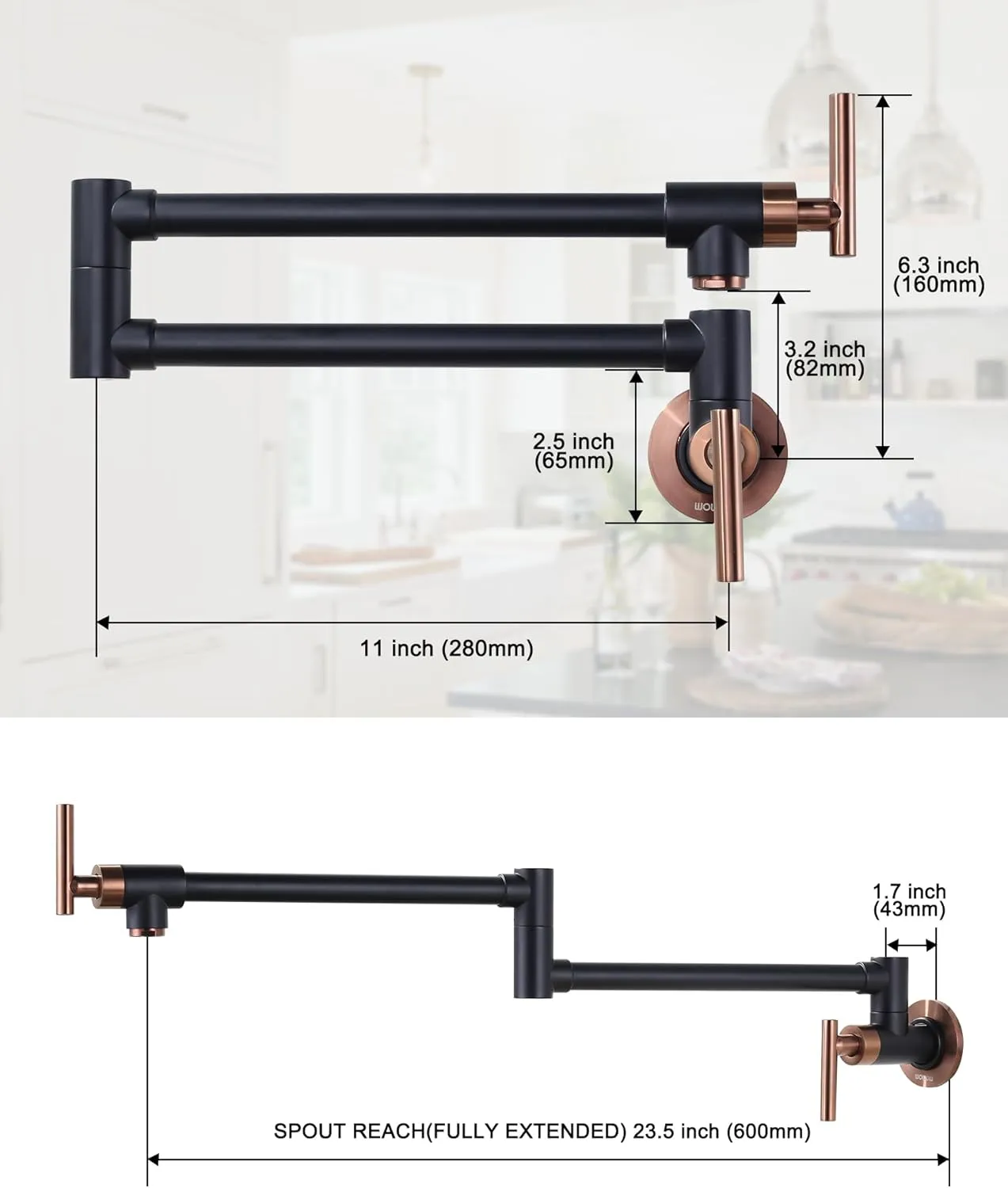 WOWOW Pot Filler Faucet Black and Rose Gold, Brass Pot Filler Wall Mount Kitchen Stove Faucet with Double Joint Swing Arms