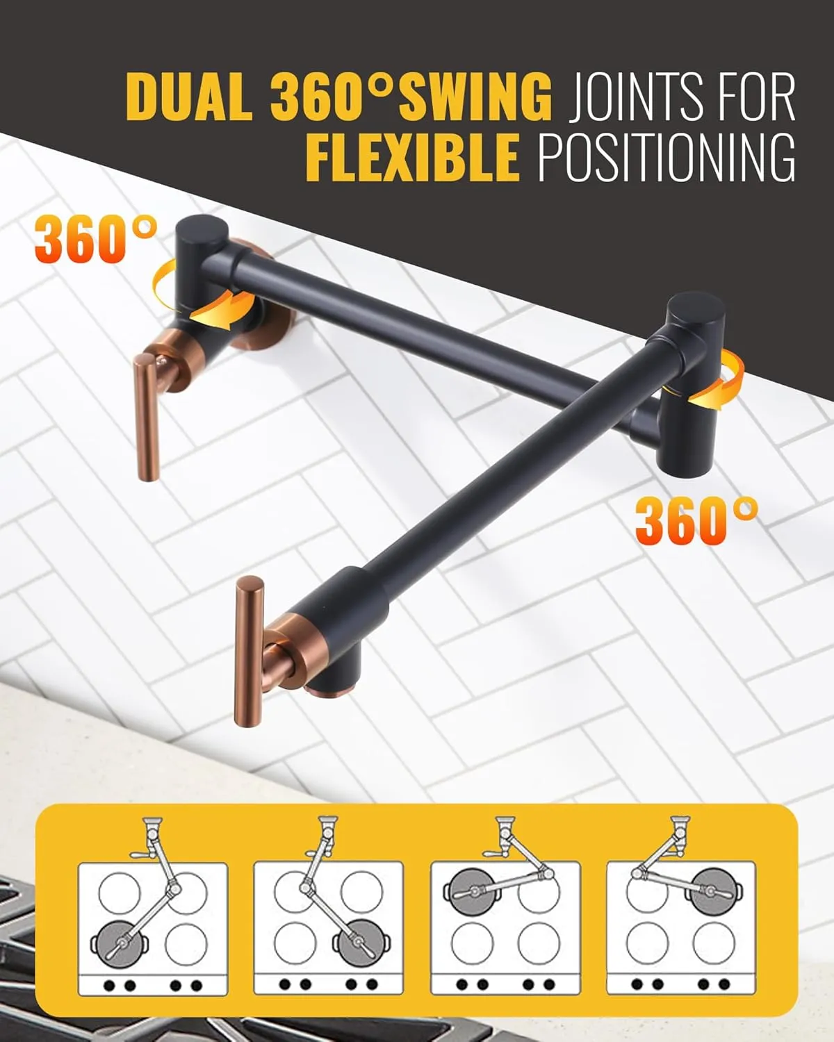 WOWOW Pot Filler Faucet Black and Rose Gold, Brass Pot Filler Wall Mount Kitchen Stove Faucet with Double Joint Swing Arms