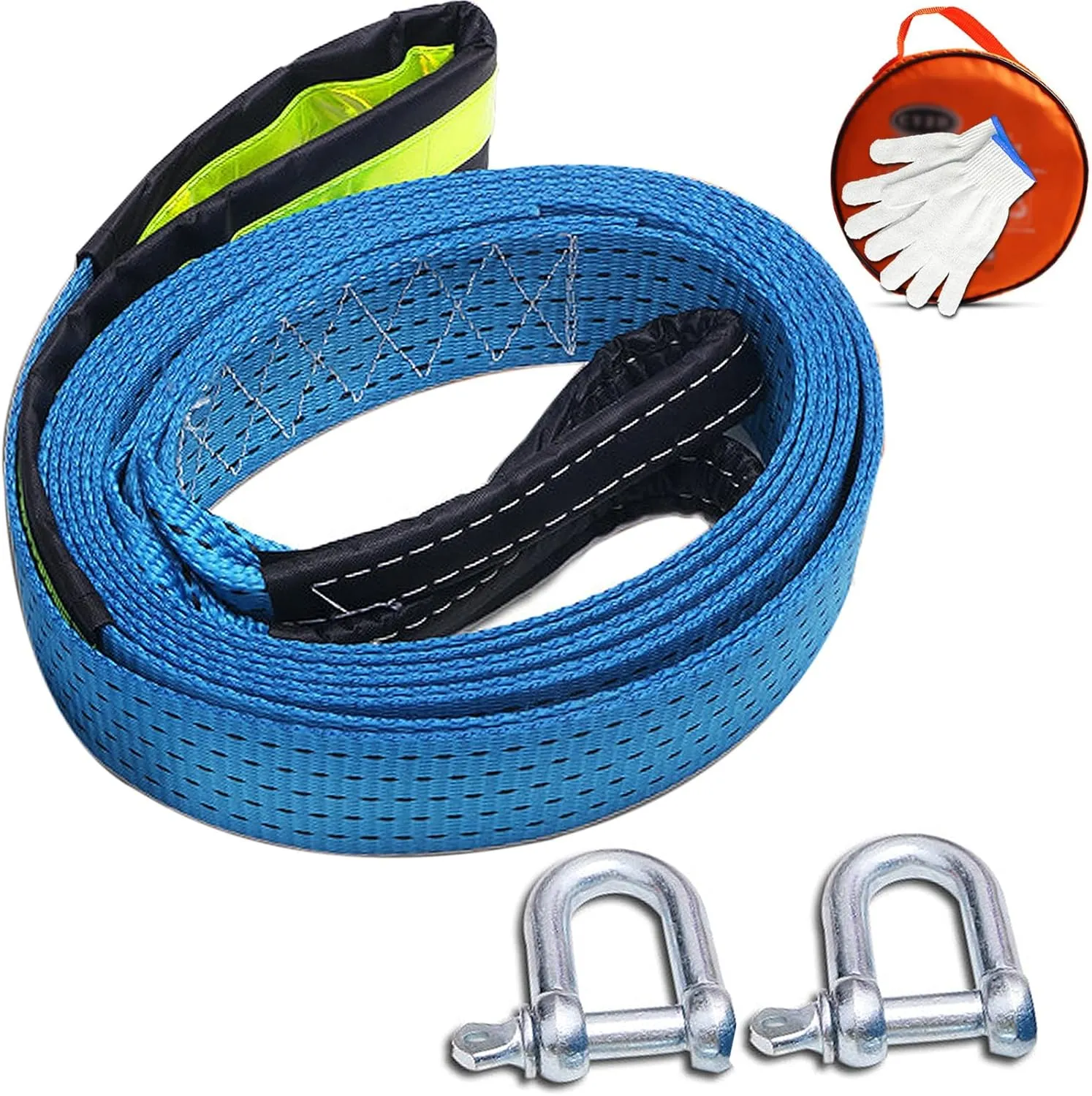 WSSROGY Car Tow Strap Rope with Hooks & Reflective Stripe 2" x 16.4' Heavy Duty Recovery Rope 20,000lbs Break Strength with Storage Bag & Gloves for Vehicle Emergency Recovery