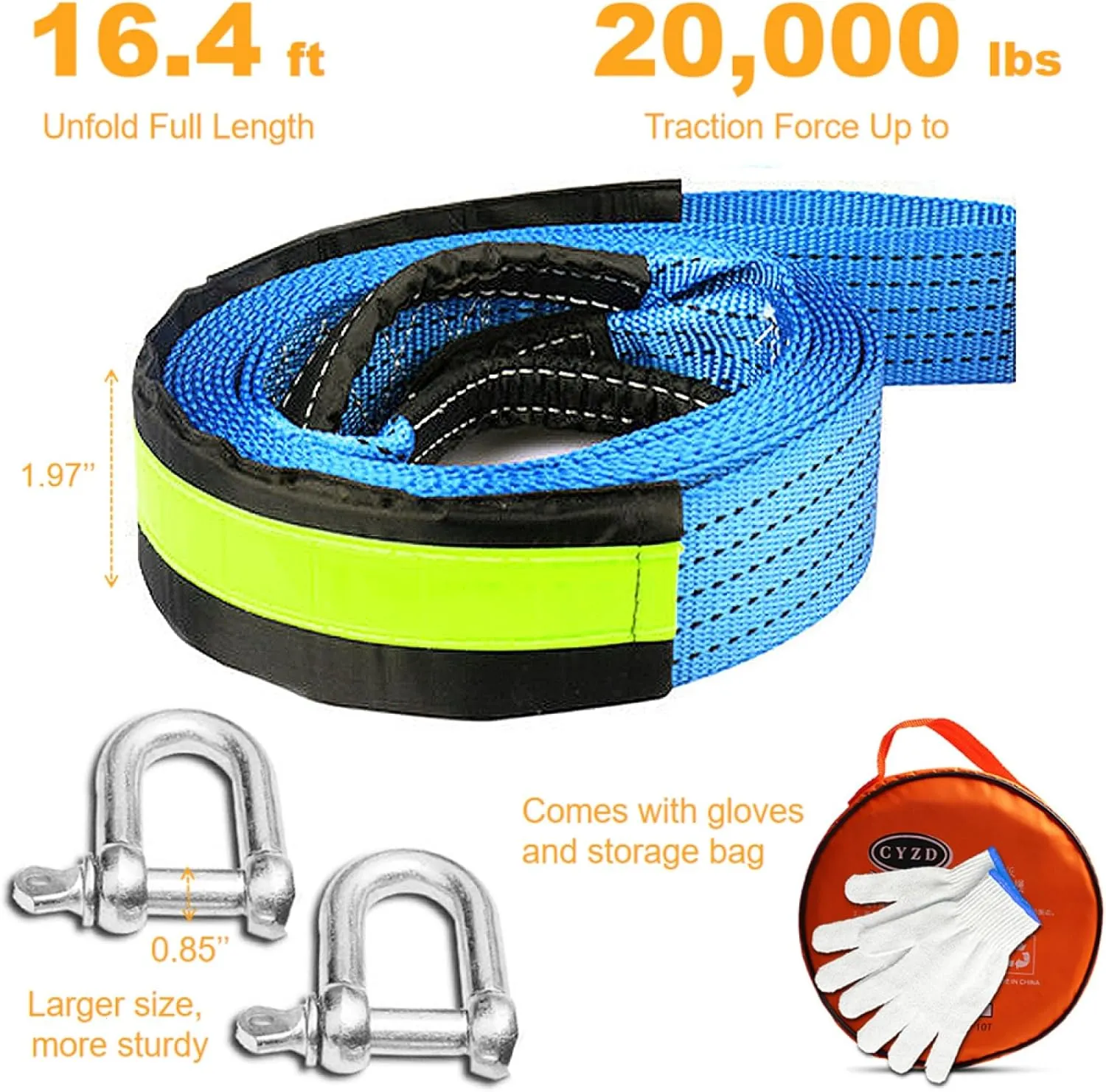 WSSROGY Car Tow Strap Rope with Hooks & Reflective Stripe 2" x 16.4' Heavy Duty Recovery Rope 20,000lbs Break Strength with Storage Bag & Gloves for Vehicle Emergency Recovery