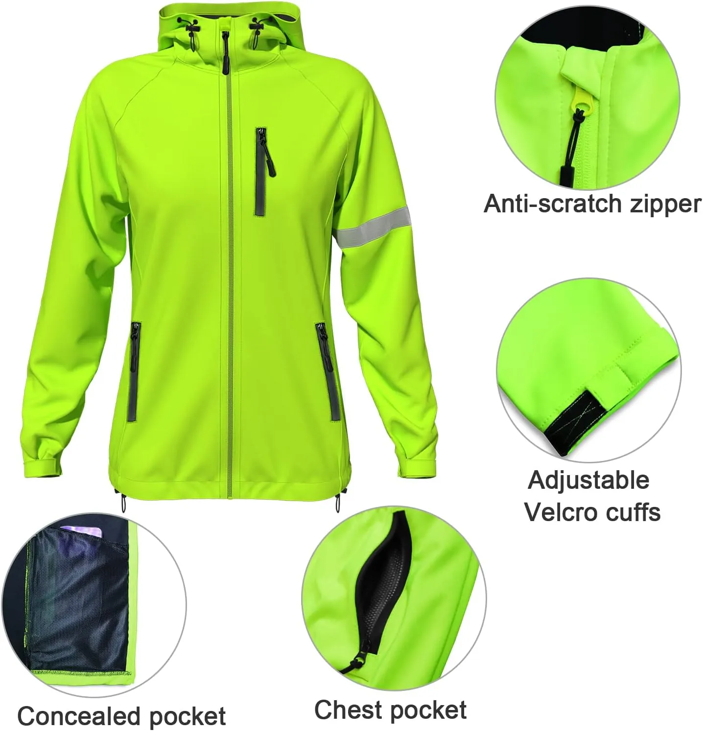 Wulibike Cycling Jackets for Womens Running Jacket Winter Thermal Reflective Hoodie Windproof Coat With 6 Pockets