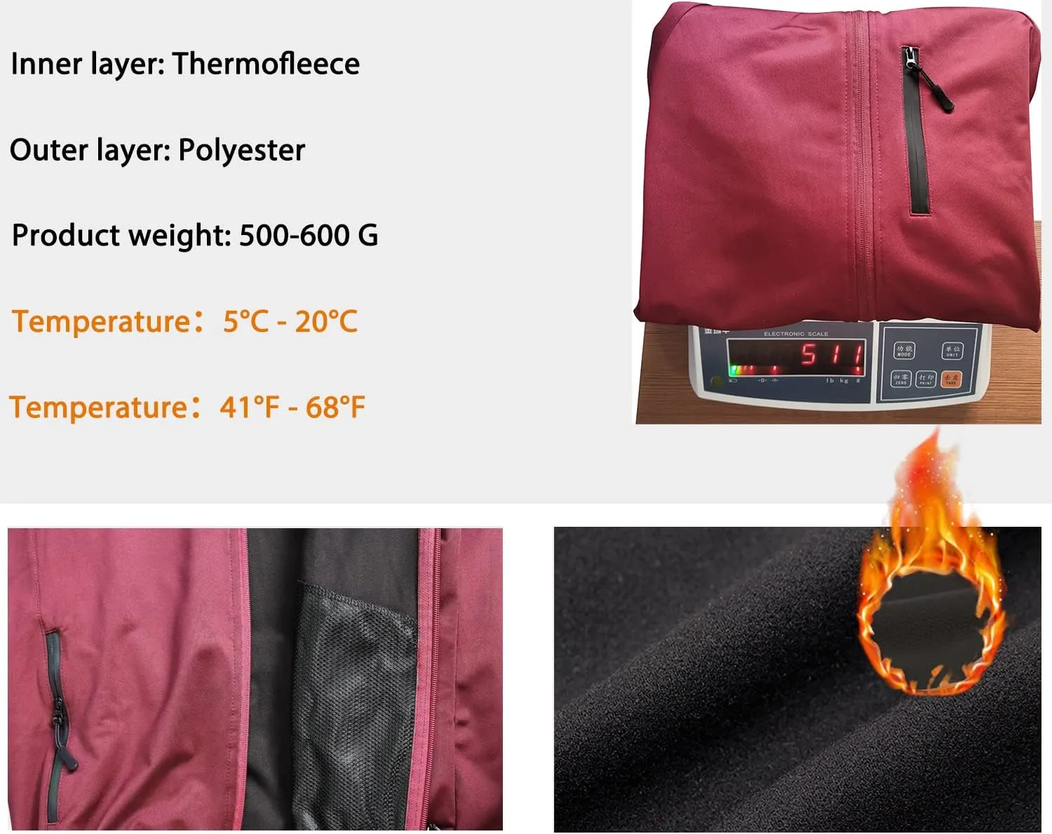 Wulibike Cycling Jackets for Womens Running Jacket Winter Thermal Reflective Hoodie Windproof Coat With 6 Pockets