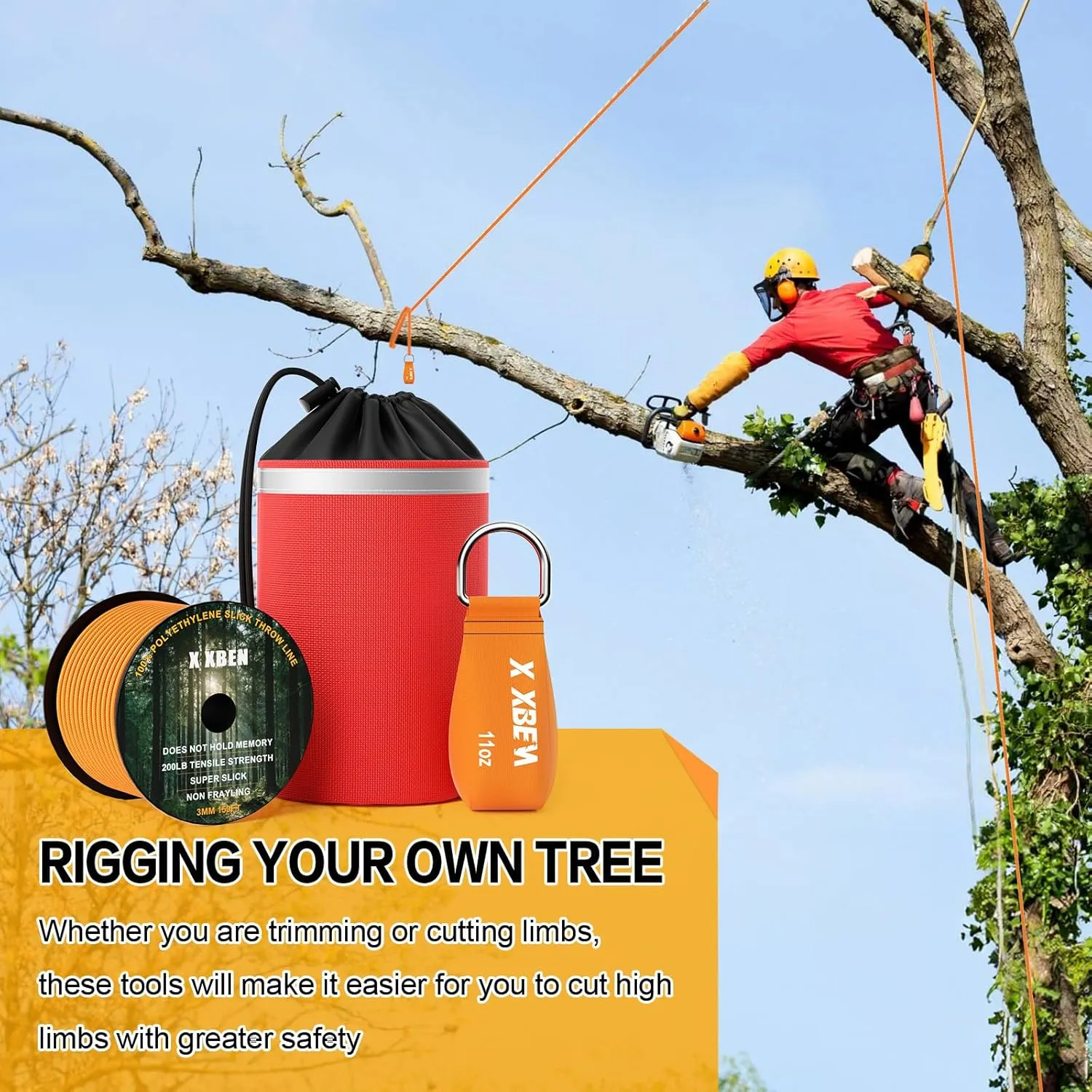 X XBEN Arborist Throw Line Kit with Slick Rope, Throw Weight, Reflective Storage Bag, Suit for Tree Cutting,Camping, Trimming, Hanging Swing, Forestry Tree Gear for Low and High Limb Throwing
