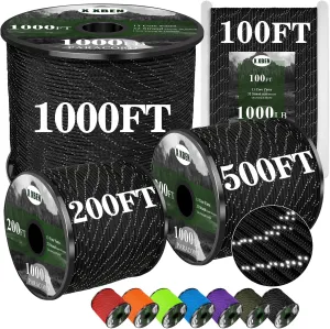 X XBEN Paracord Reflective 1000lb, 50/100/200/500/1000ft 4mm, 13 Strand Parachute Spool Cord, Heavy Duty Paracord Rope for Camping, Fishing, Hiking, Hunting, DIY Crafts, Black