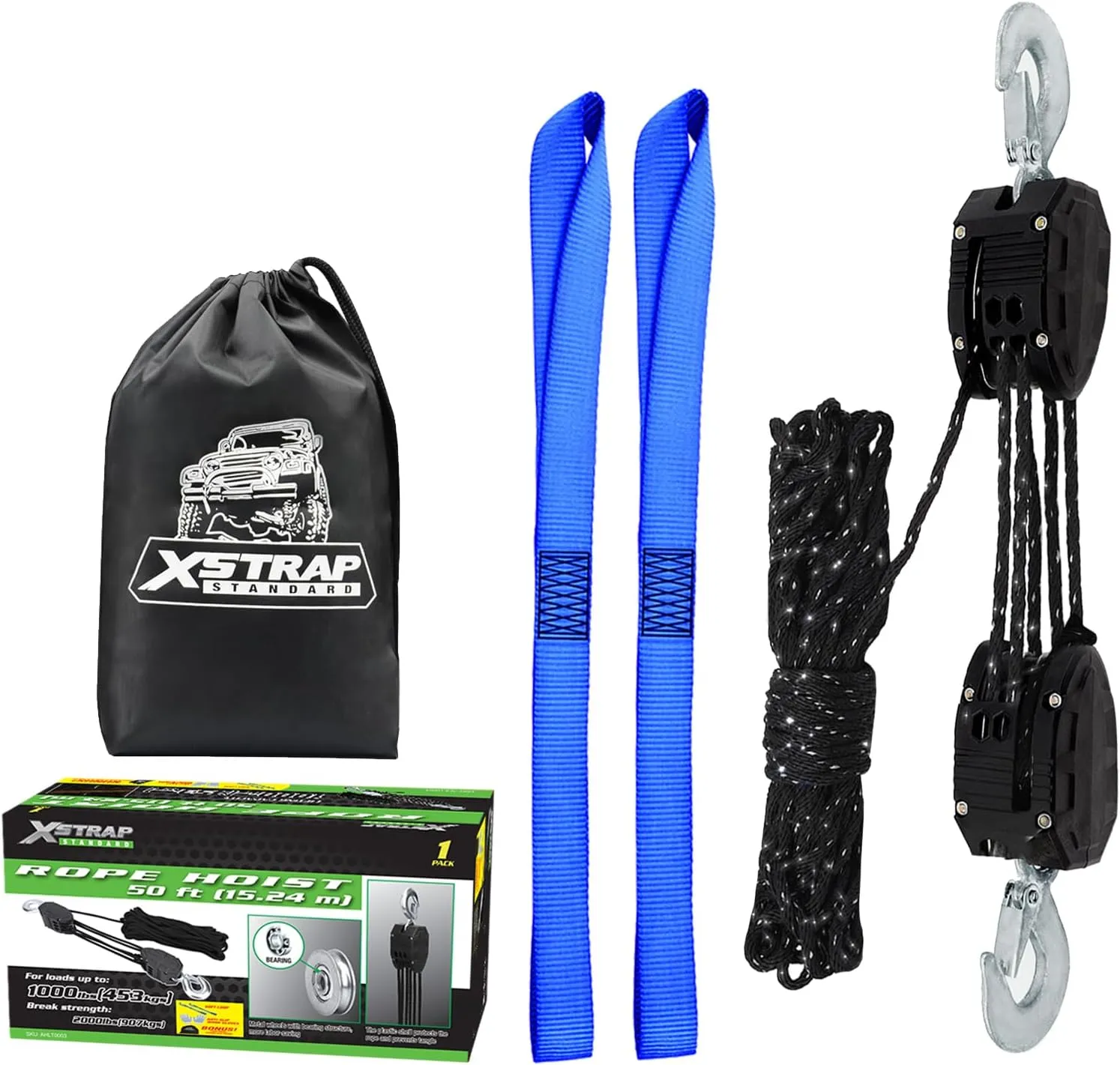 XSTRAP STANDARD Heavy-Duty 2,000LB Reflective Rope Hoist Pulley 50 Feet Wheel Block and Tackle System with 2PK 18 Inch Soft Loops for Animal Husbandry, Garage, Warehouse, Constructions