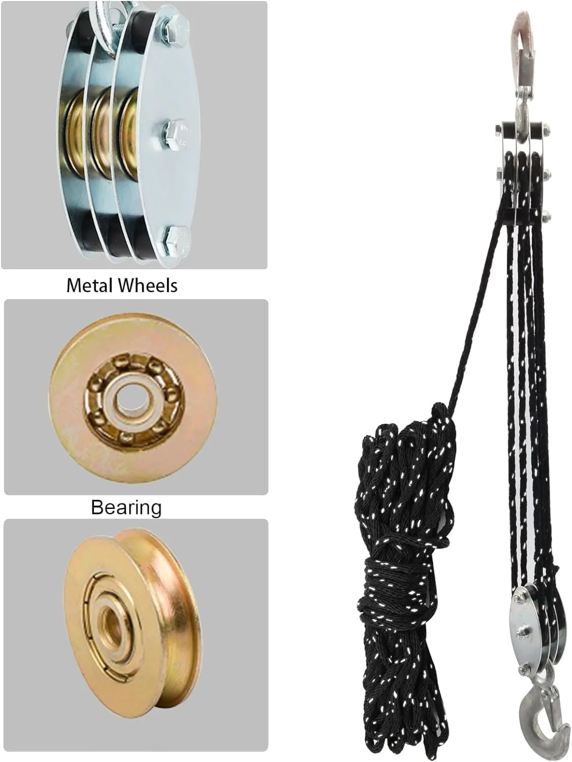 XSTRAP STANDARD Reflective Rope Hoist Pulley System, 1000LB Block and Tackle, 5:1 Lifting Power 50ft Heavy Duty Pulley Block for Hunting Lifting Heavy Objects with Anti-Slip Work Gloves, 2 Soft Loops