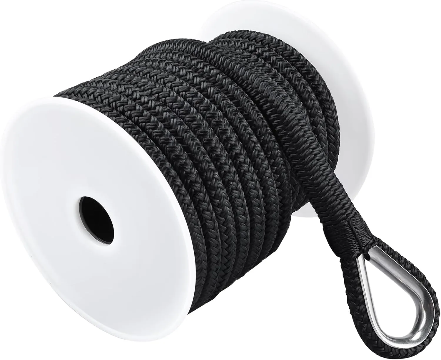 YaeMarine Double Braid Nylon Anchor Line Anchor Rope Marine Rope Black 1/2" x 100 ft with Stainless Steel Thimble