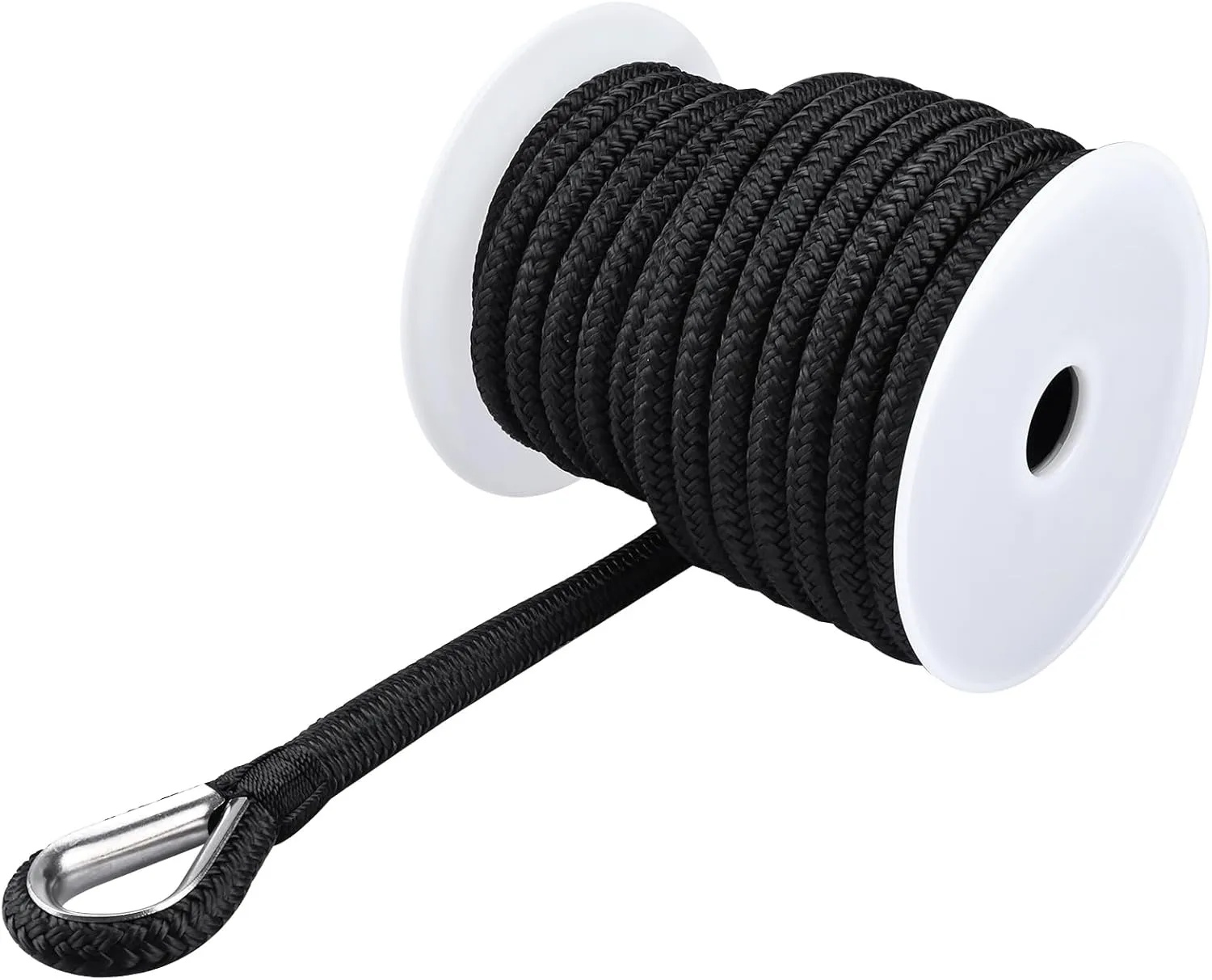YaeMarine Double Braid Nylon Anchor Line Anchor Rope Marine Rope Black 1/2" x 100 ft with Stainless Steel Thimble
