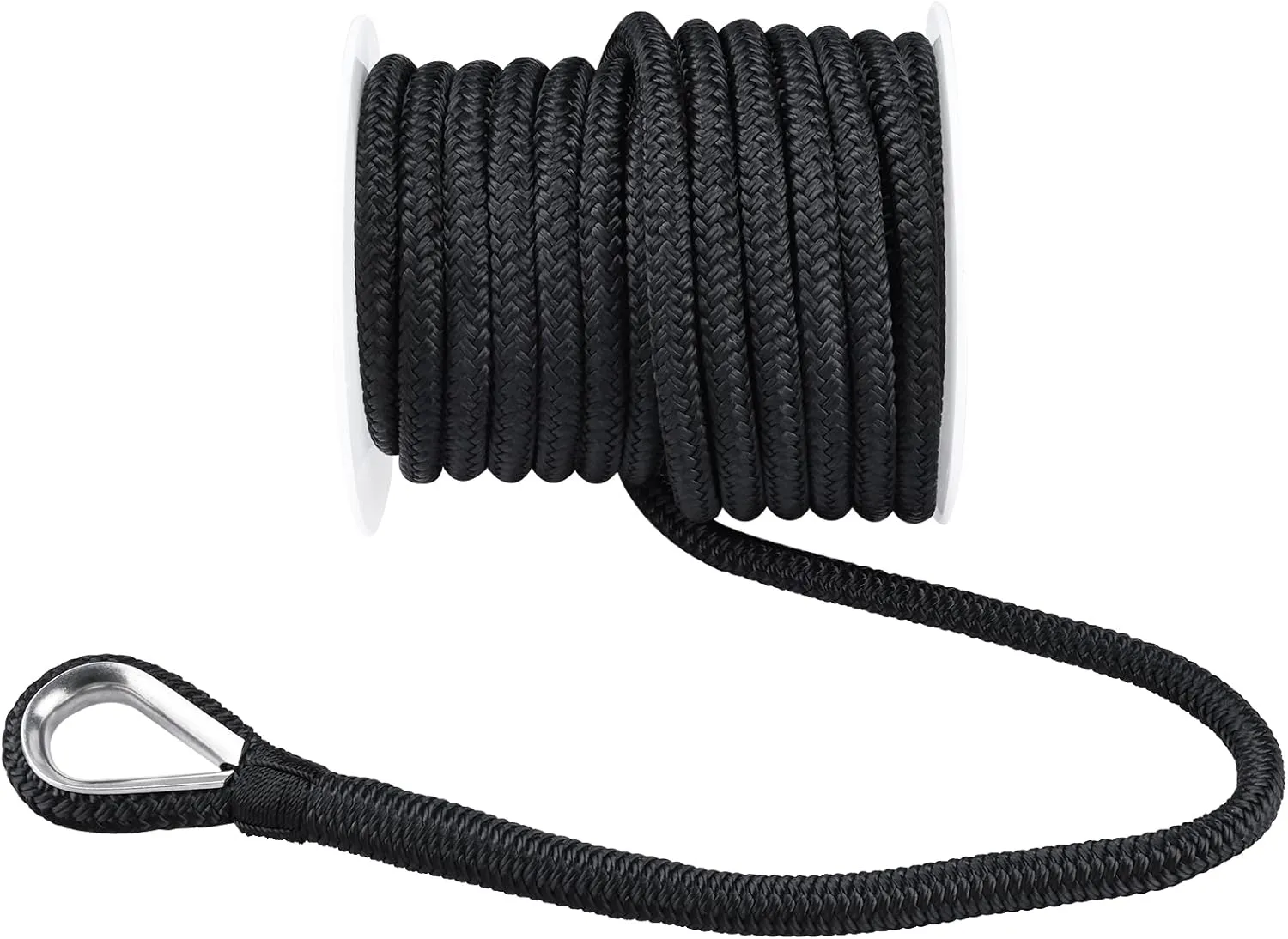 YaeMarine Double Braid Nylon Anchor Line Anchor Rope Marine Rope Black 1/2" x 100 ft with Stainless Steel Thimble