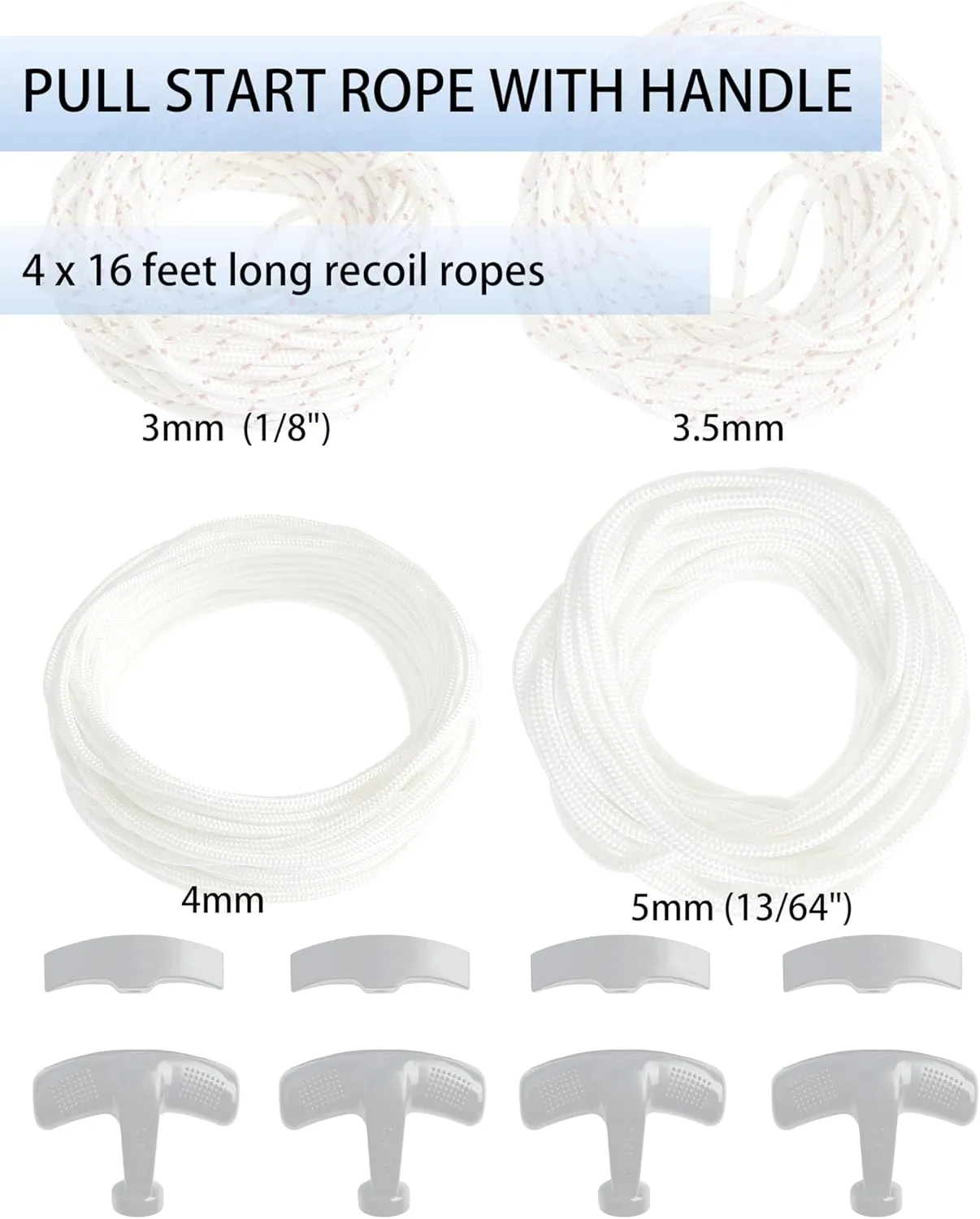 YAMAKATO Pull Cord Ropes Assortments 3mm 3.5mm 4mm 5mm 16Ft for Lawn Mower Generator Inverter Mini Bike Pressure Washer Snow Blower wit Recoil Handles