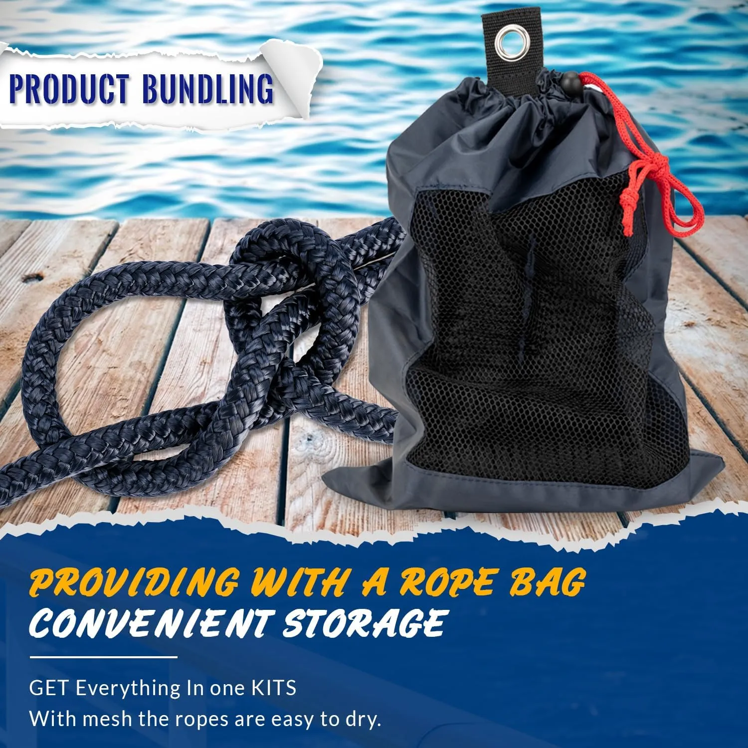 Young Marine 4 Pack 1/2” X 15’ Dock Lines Marine-Grade Double-Braided Nylon Dock Line with 12” Eyelet.Hi-Performance Boat Rope Mooring Rope Dock Line (4)