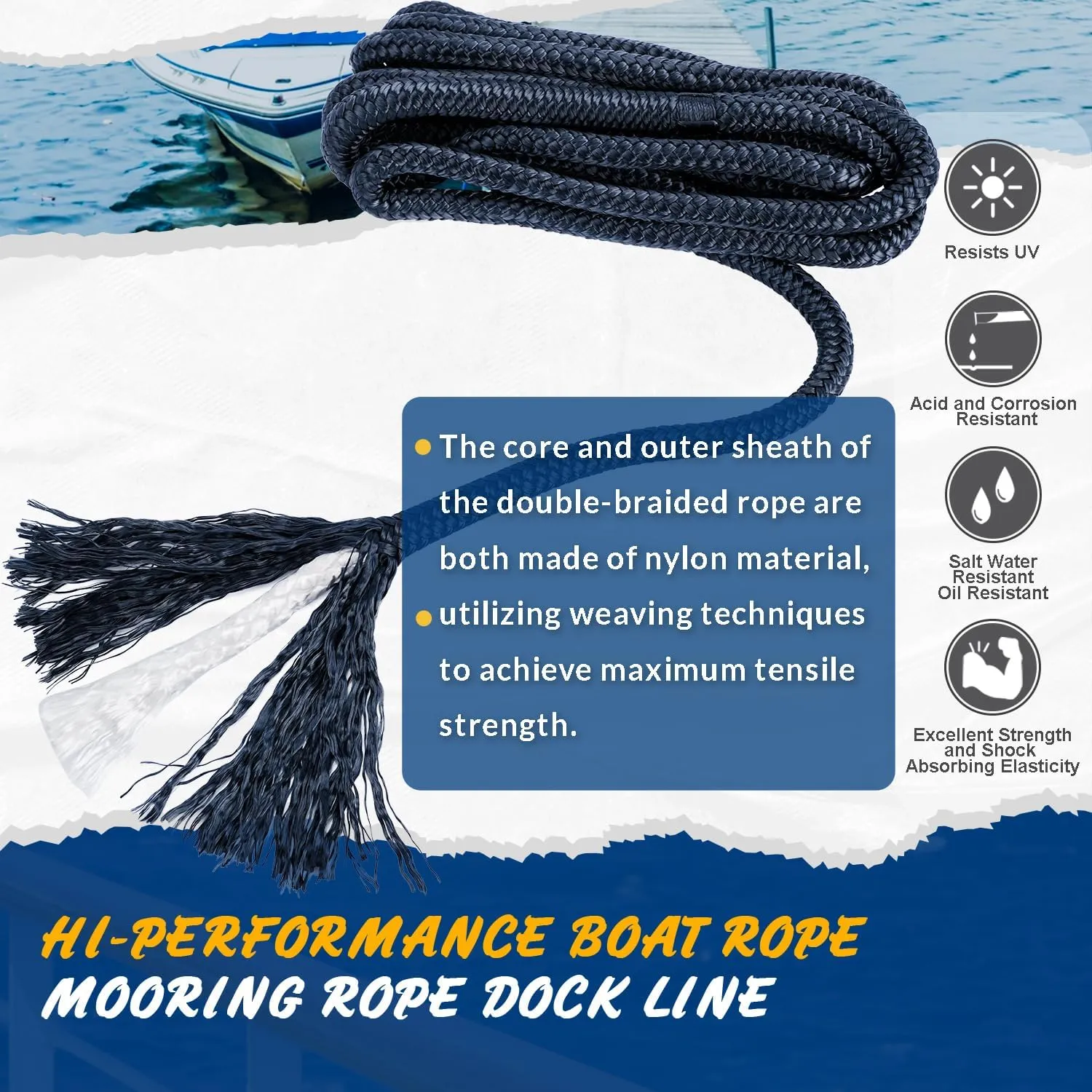 Young Marine 4 Pack 1/2” X 15’ Dock Lines Marine-Grade Double-Braided Nylon Dock Line with 12” Eyelet.Hi-Performance Boat Rope Mooring Rope Dock Line (4)