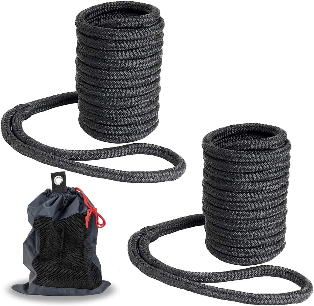 Young Marine Made 1/2 Inch x 25FT Double Braided Nylon Dock Line for Boats with 12 Inch Eyelet, 2 Pack, Black