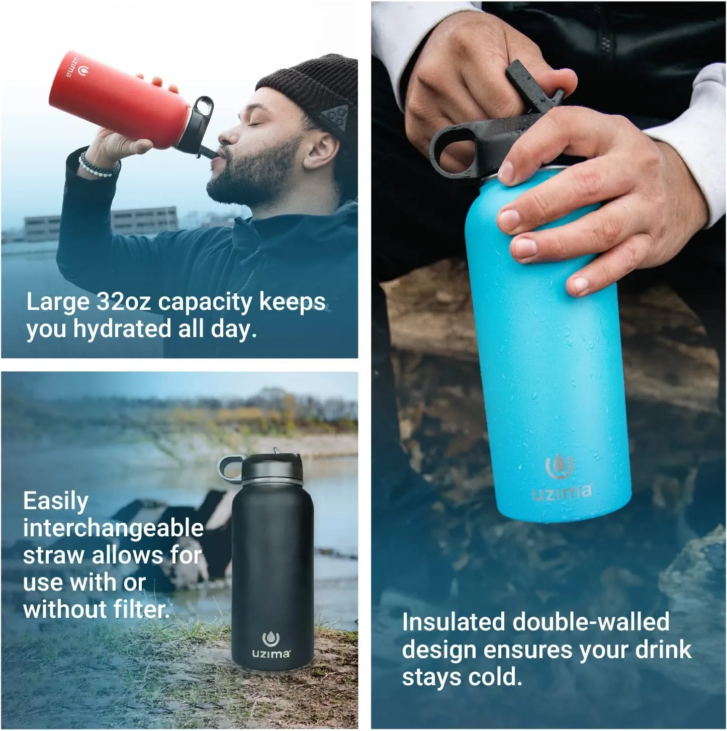 Z-Source Filtered Water Bottle for Hiking, Backpacking, Camping, and Travel. Large 32oz Capacity with Double-Walled Stainless Steel Exterior.