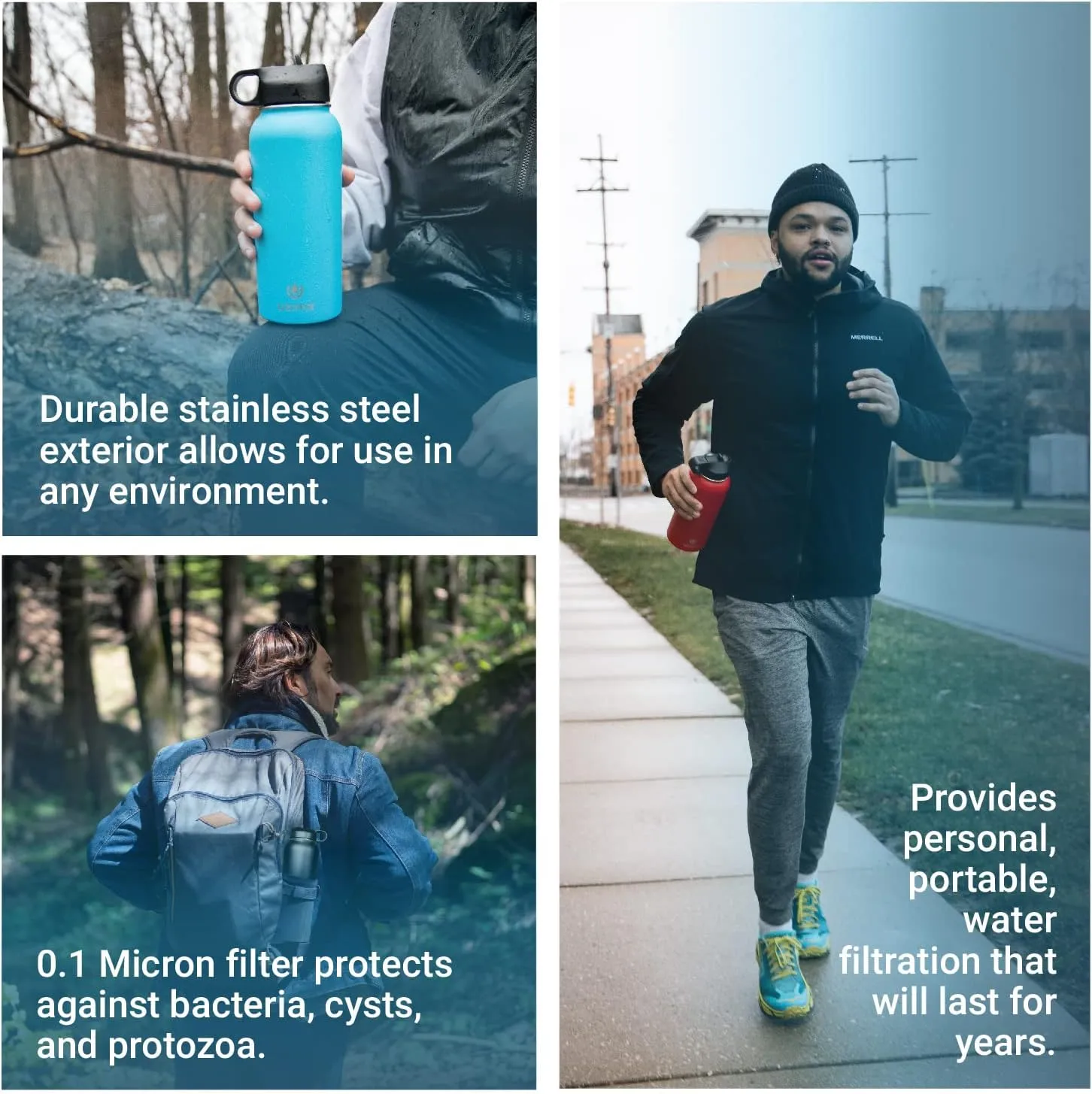 Z-Source Filtered Water Bottle for Hiking, Backpacking, Camping, and Travel. Large 32oz Capacity with Double-Walled Stainless Steel Exterior.