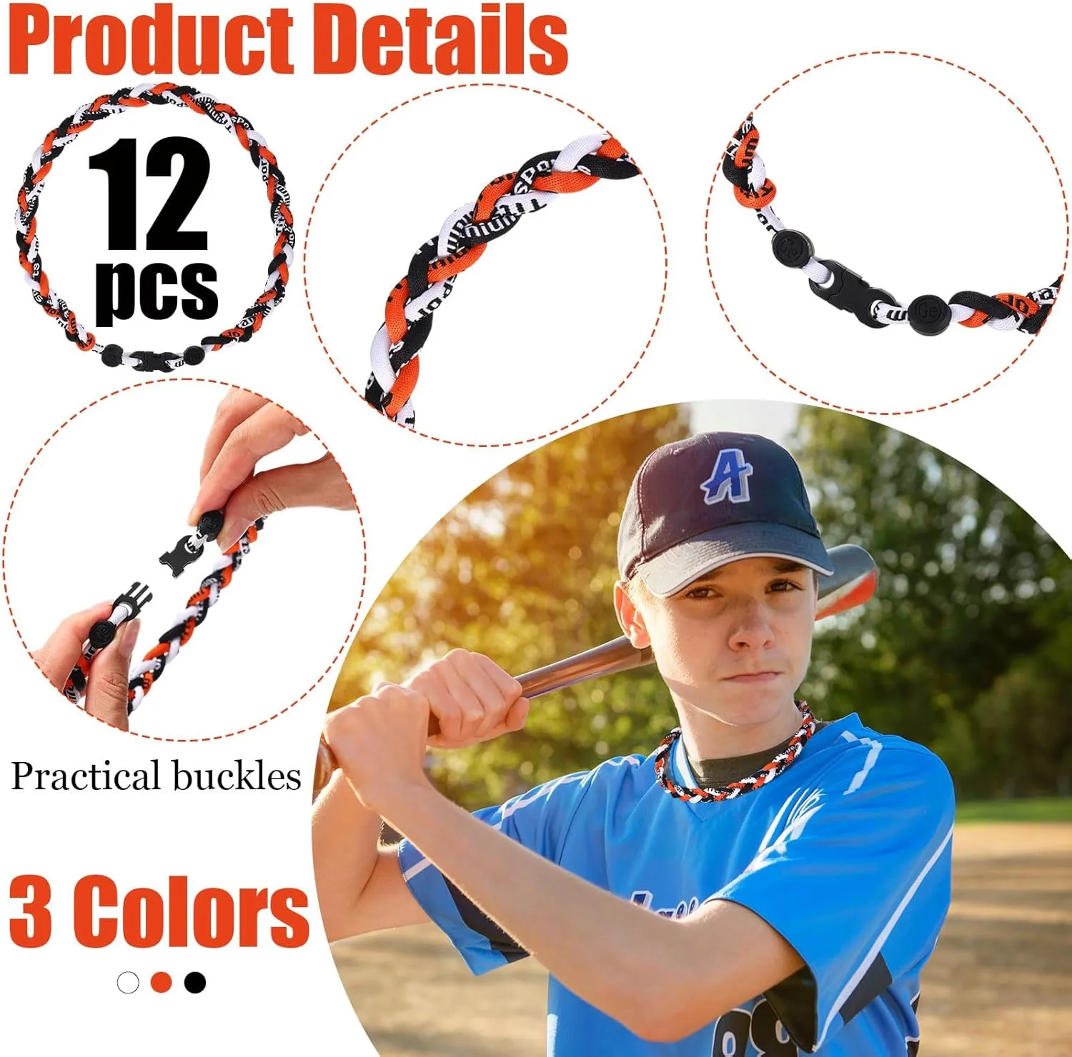 Zeyune 12 Pcs 18" Baseball Necklace for Boys Three Braided Rope Tornado Titanium Baseball Rope Necklace for Men Sport