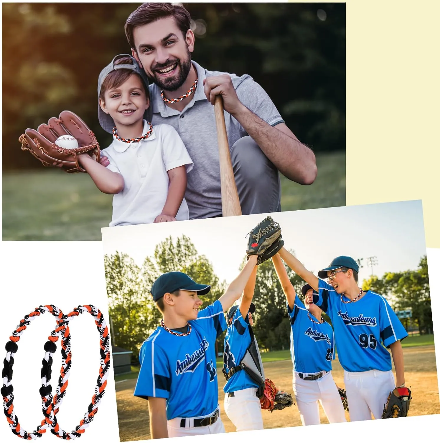 Zeyune 12 Pcs 18" Baseball Necklace for Boys Three Braided Rope Tornado Titanium Baseball Rope Necklace for Men Sport