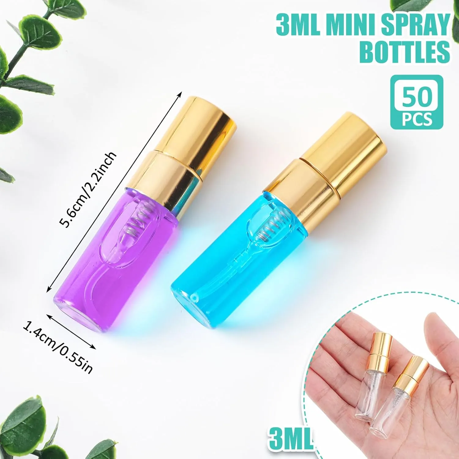 Zhehao 50 Pcs Mini Spray Bottles 3 ml Clear Glass Perfume Bottles Refillable Fine Mist Perfume Atomizer Portable Empty Sample Containers for Cleaning, Essential Oils, Travel (Gold Cap)
