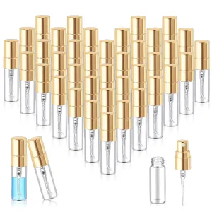 Zhehao 50 Pcs Mini Spray Bottles 3 ml Clear Glass Perfume Bottles Refillable Fine Mist Perfume Atomizer Portable Empty Sample Containers for Cleaning, Essential Oils, Travel (Gold Cap)