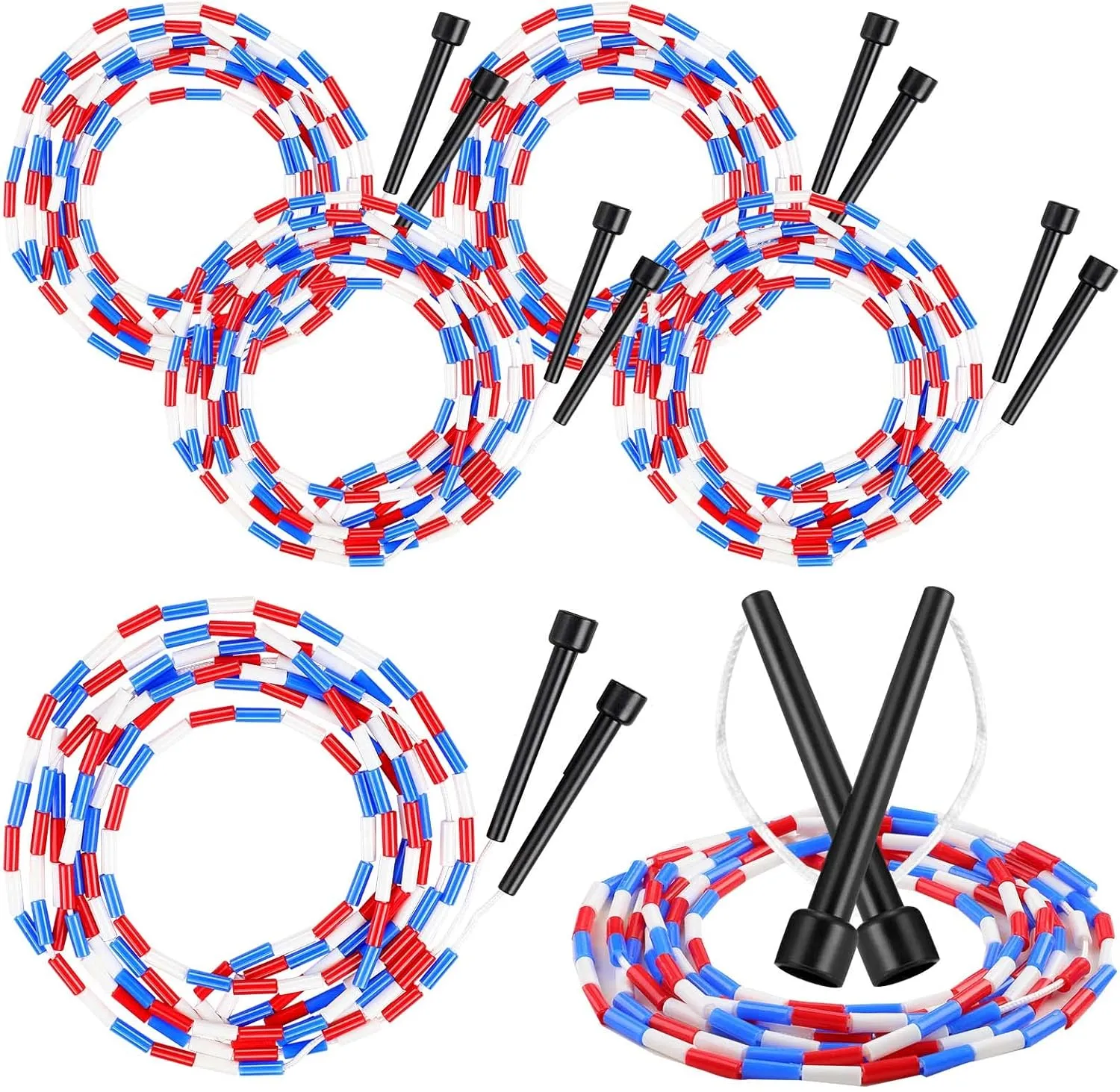 Zubebe 16-foot Double Dutch Jump Ropes Segmented Skipping Colorful Beaded Ropes for Kids Adults Fitness Physical Education Gym Class School Sports Outdoor Activities, Red White and Blue