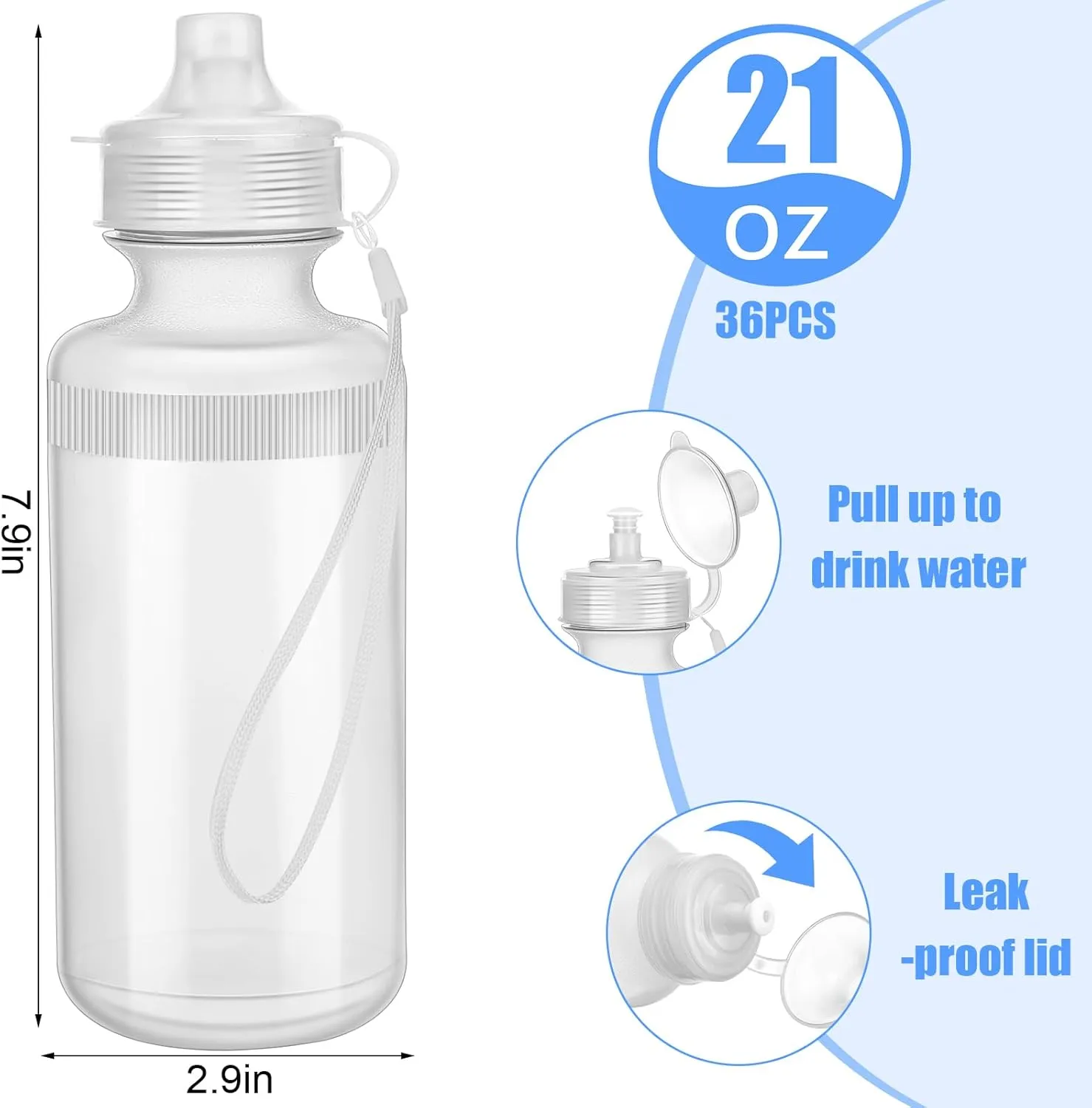 Zubebe 36 Pcs Sport Water Bottles Bulk 21 oz Squeeze Reusable BPA-Free Plastic Water Bottle with Nylon Strap Leak Proof Blank DIY Cup for School Football Team Beach Summer Grad Gift