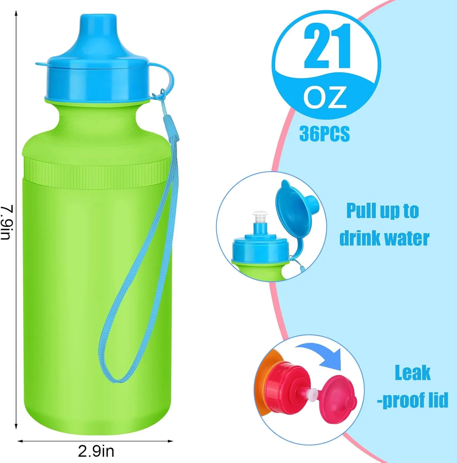 Zubebe 36 Pcs Sport Water Bottles Bulk 21 oz Squeeze Reusable BPA-Free Plastic Water Bottle with Nylon Strap Leak Proof Blank DIY Cup for School Football Team Beach Summer Grad Gift